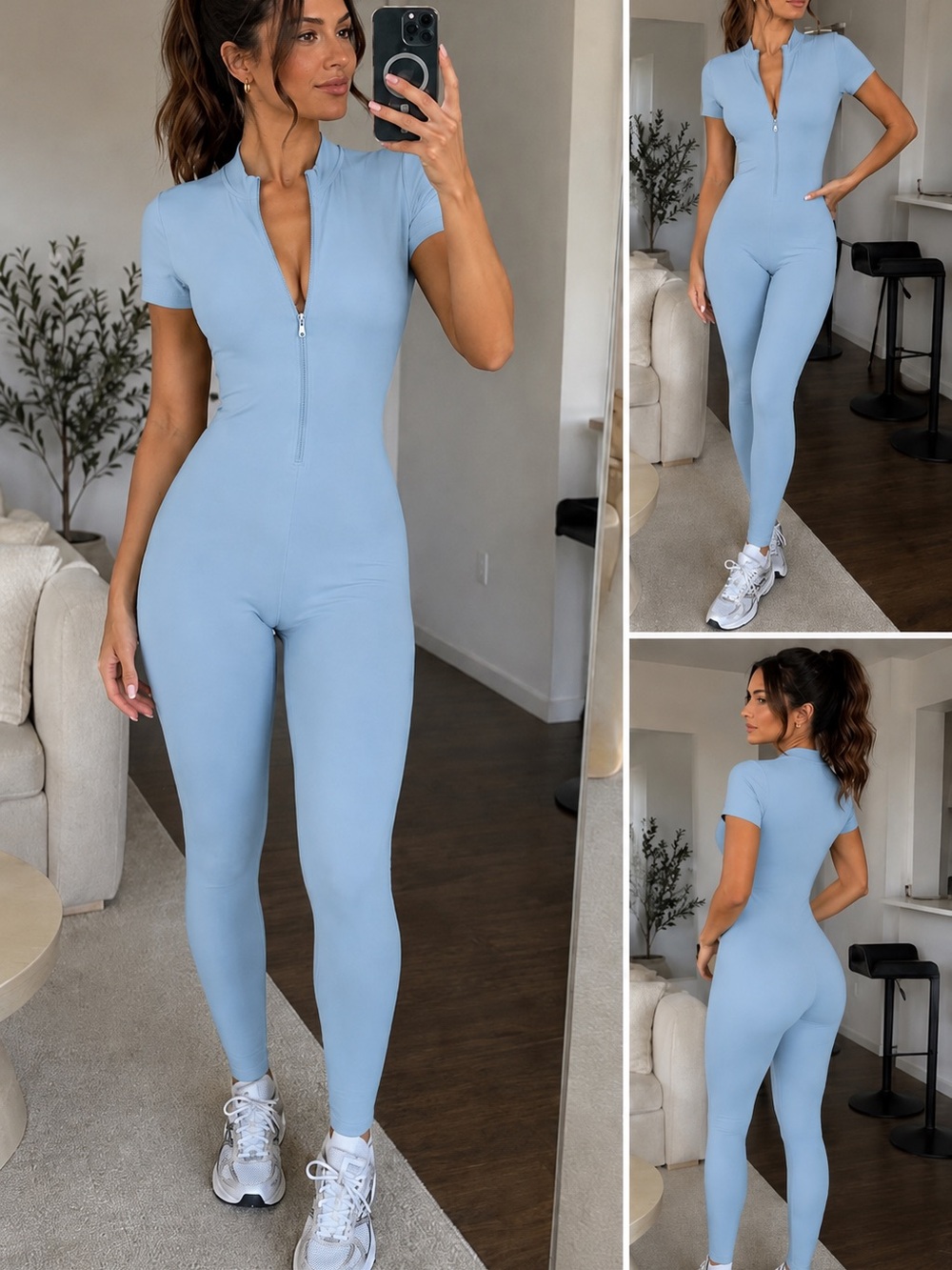 Powder Blue Short-Sleeve Zip Front Jumpsuit- Large